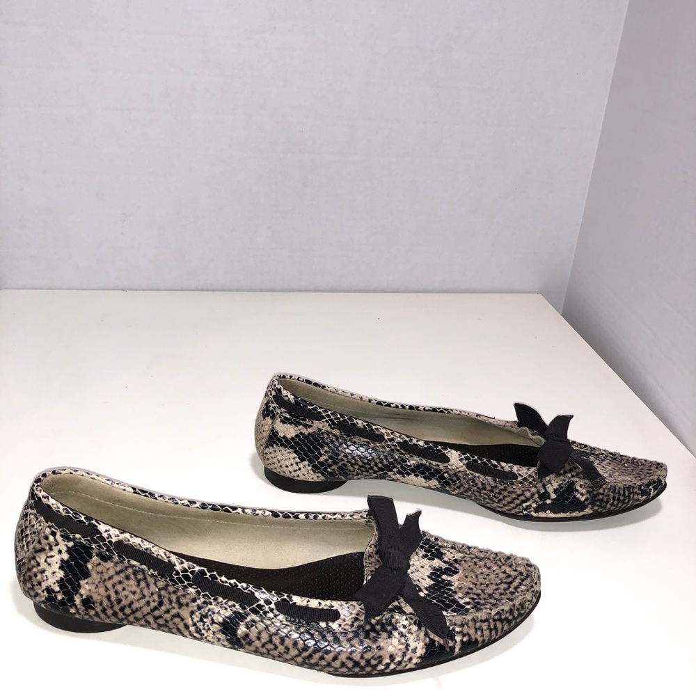 Via Spiga Snake Print Leather Flats with Black Bow. Size 8